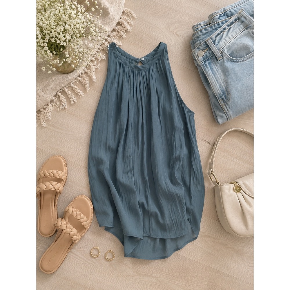 Prologue Women Slate Blue Pleated High Neck Keyhole Back Sleeveless Tank Top S